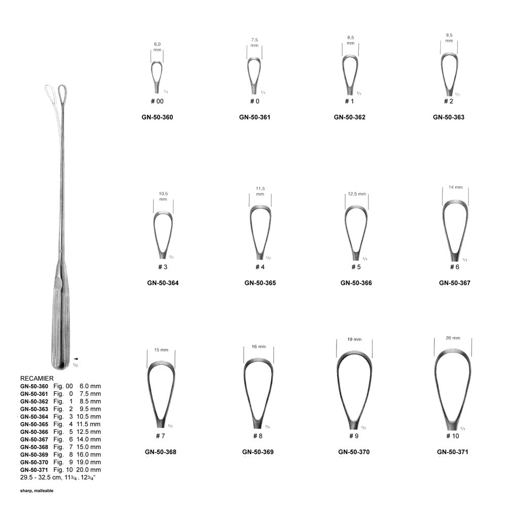 RECAMIER UTERINE CURETTES SHARP / MALLEABLE 29.5 CM 32.5 CM Relpro